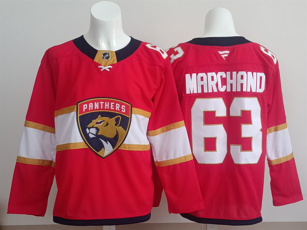 Men 2025 Florida Panthers #63 Marchand Red Fanatics Home Premium NHL Jersey style 1